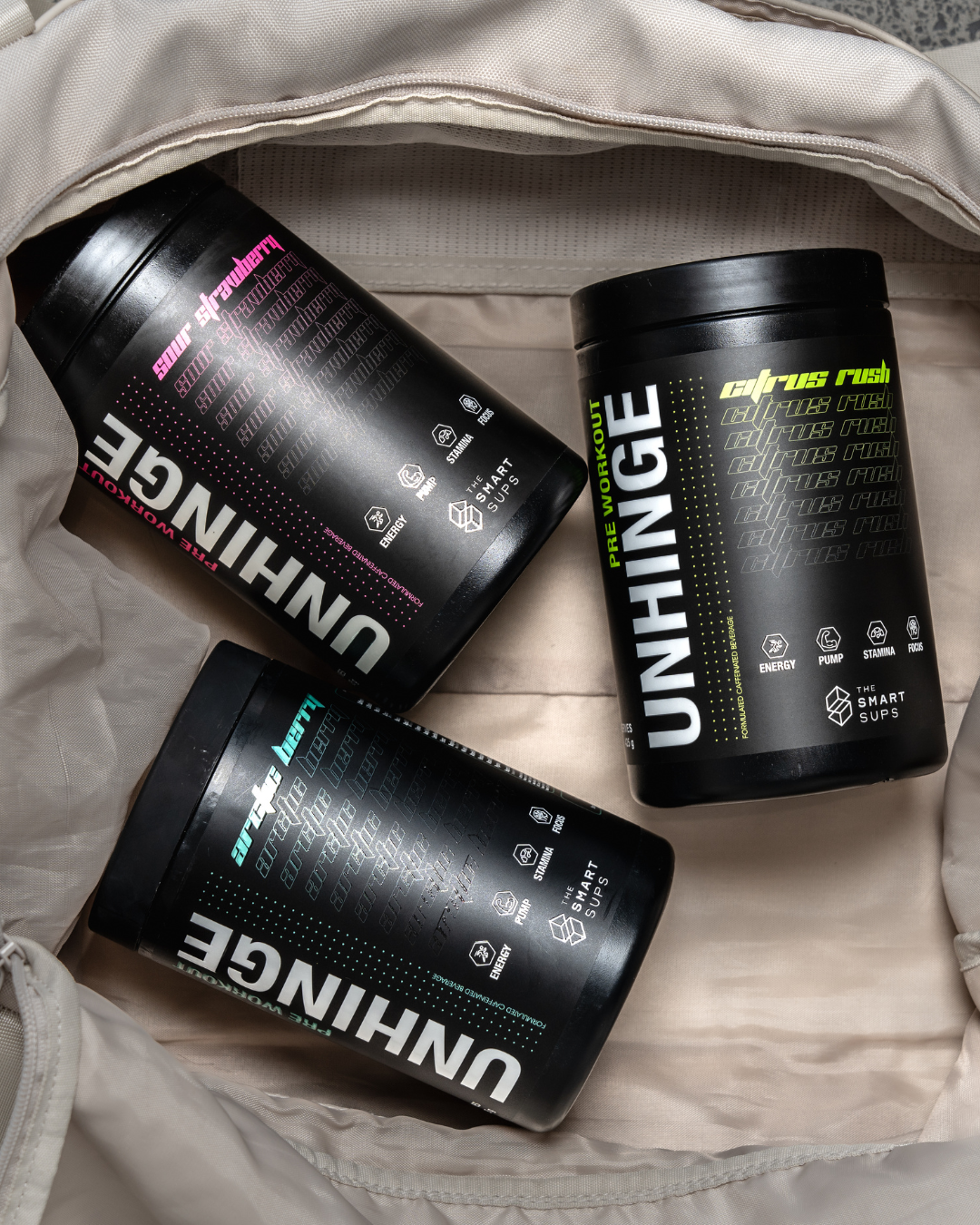 UNHINGE pre-workout · three flavours