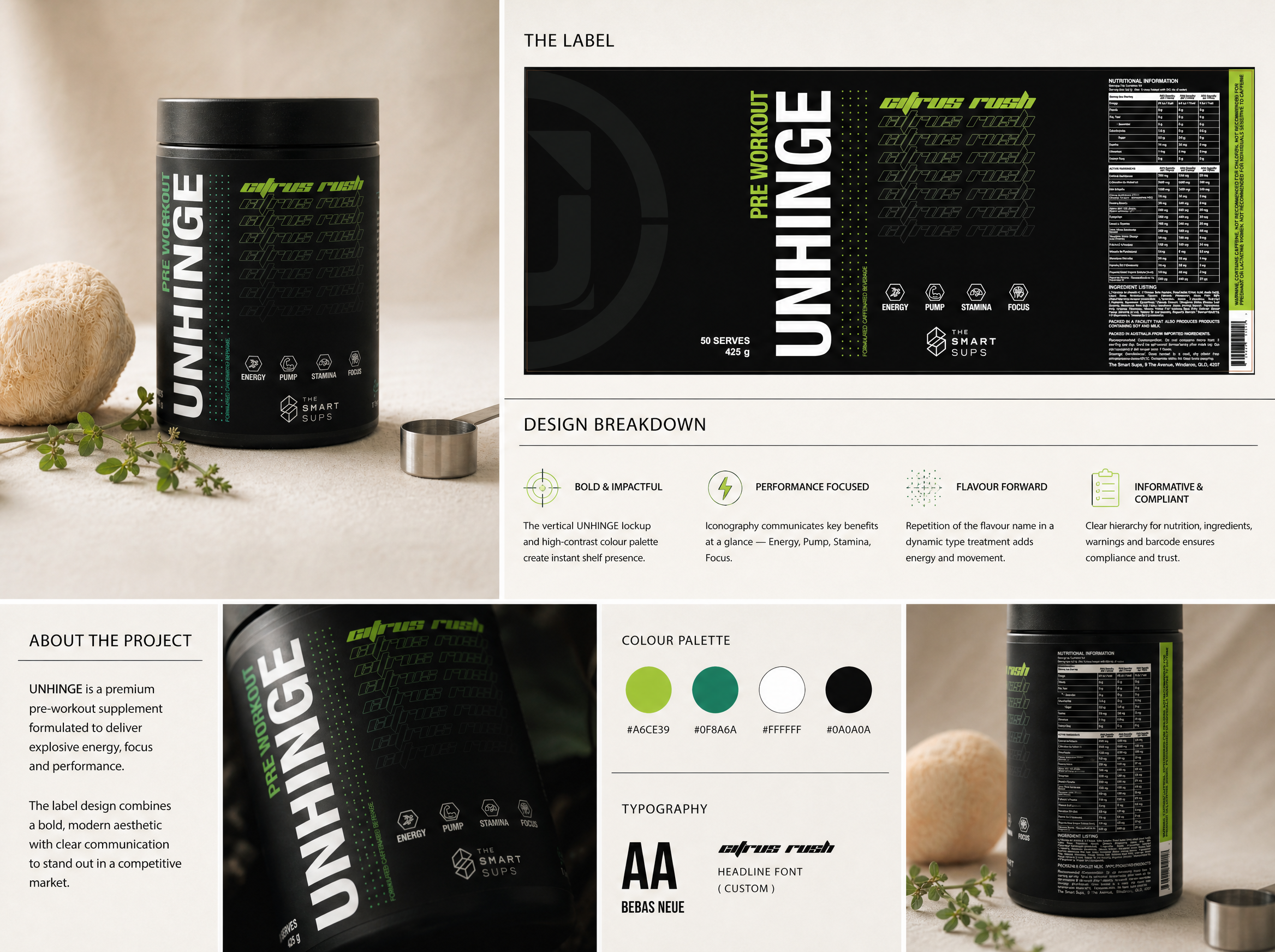 UNHINGE label case study, bottle, label flat, design breakdown, palette, typography